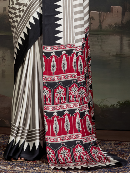 Black & White Printed Satin Silk Saree