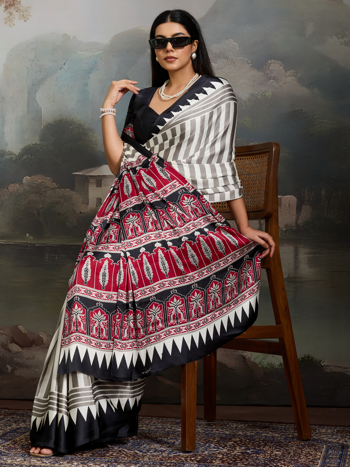 Black & White Printed Satin Silk Saree
