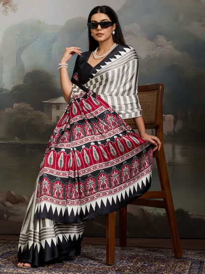 Black & White Printed Satin Silk Saree