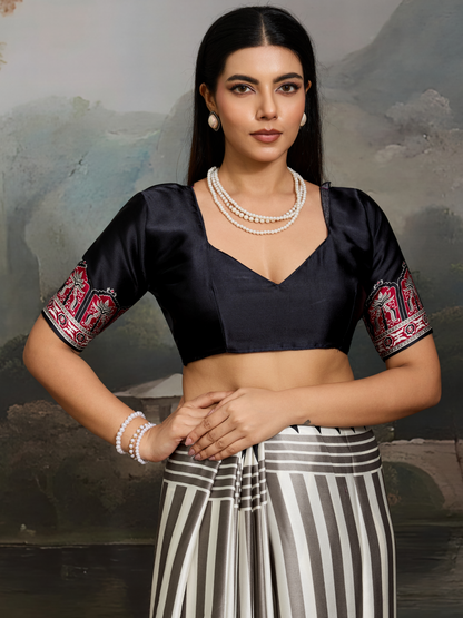 Black & White Printed Satin Silk Saree