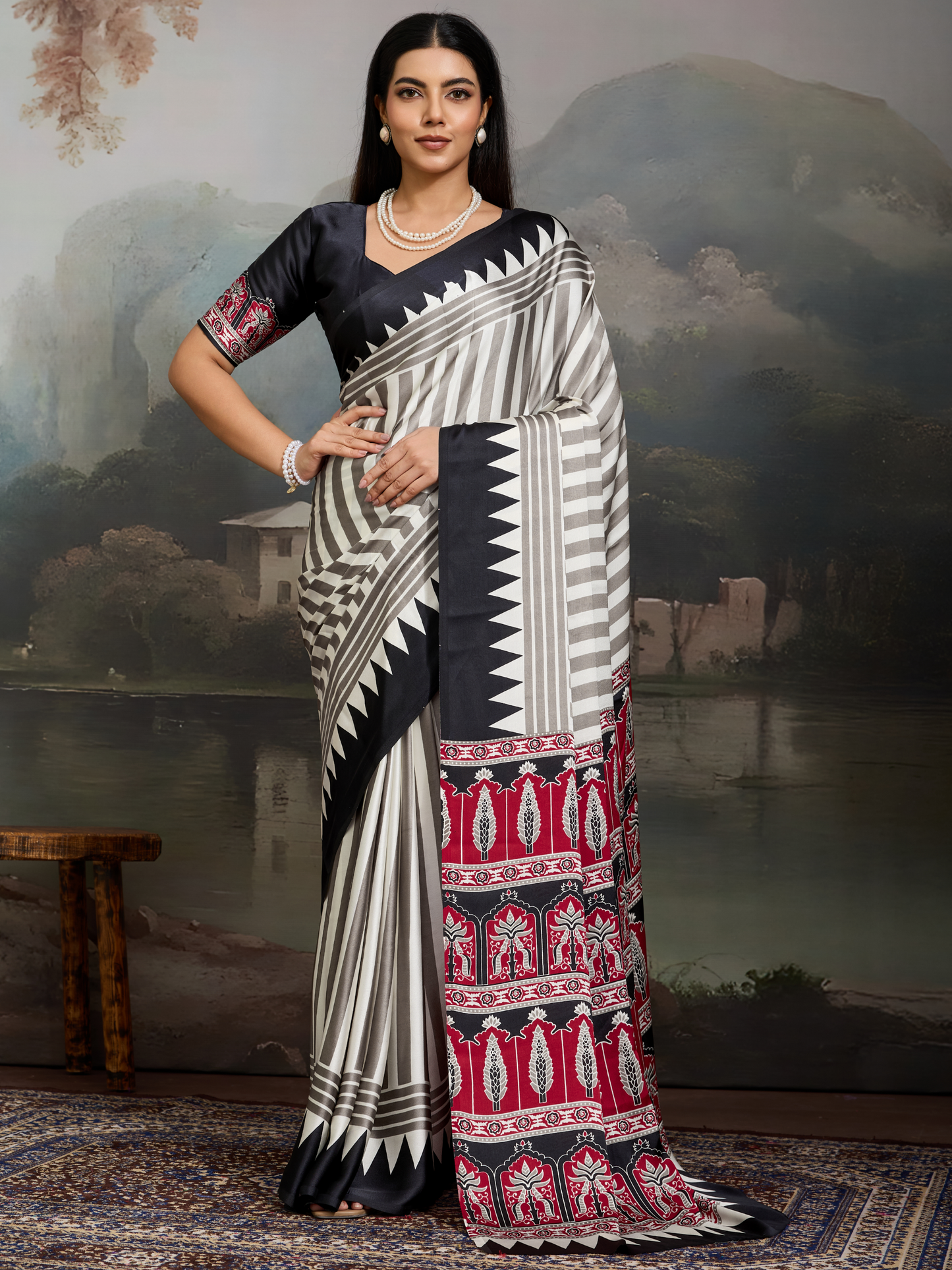 Black & White Printed Satin Silk Saree
