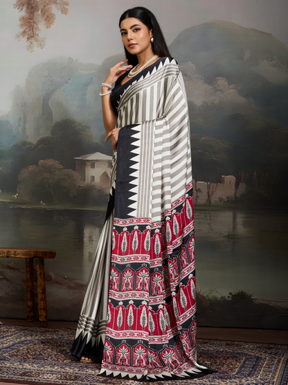 Black & White Printed Satin Silk Saree