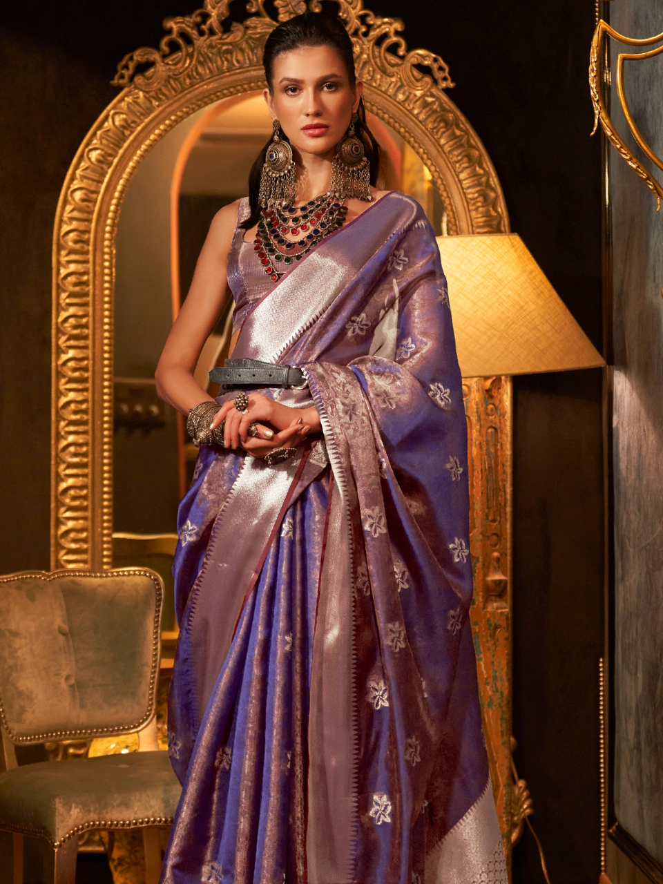 purple organza saree pose