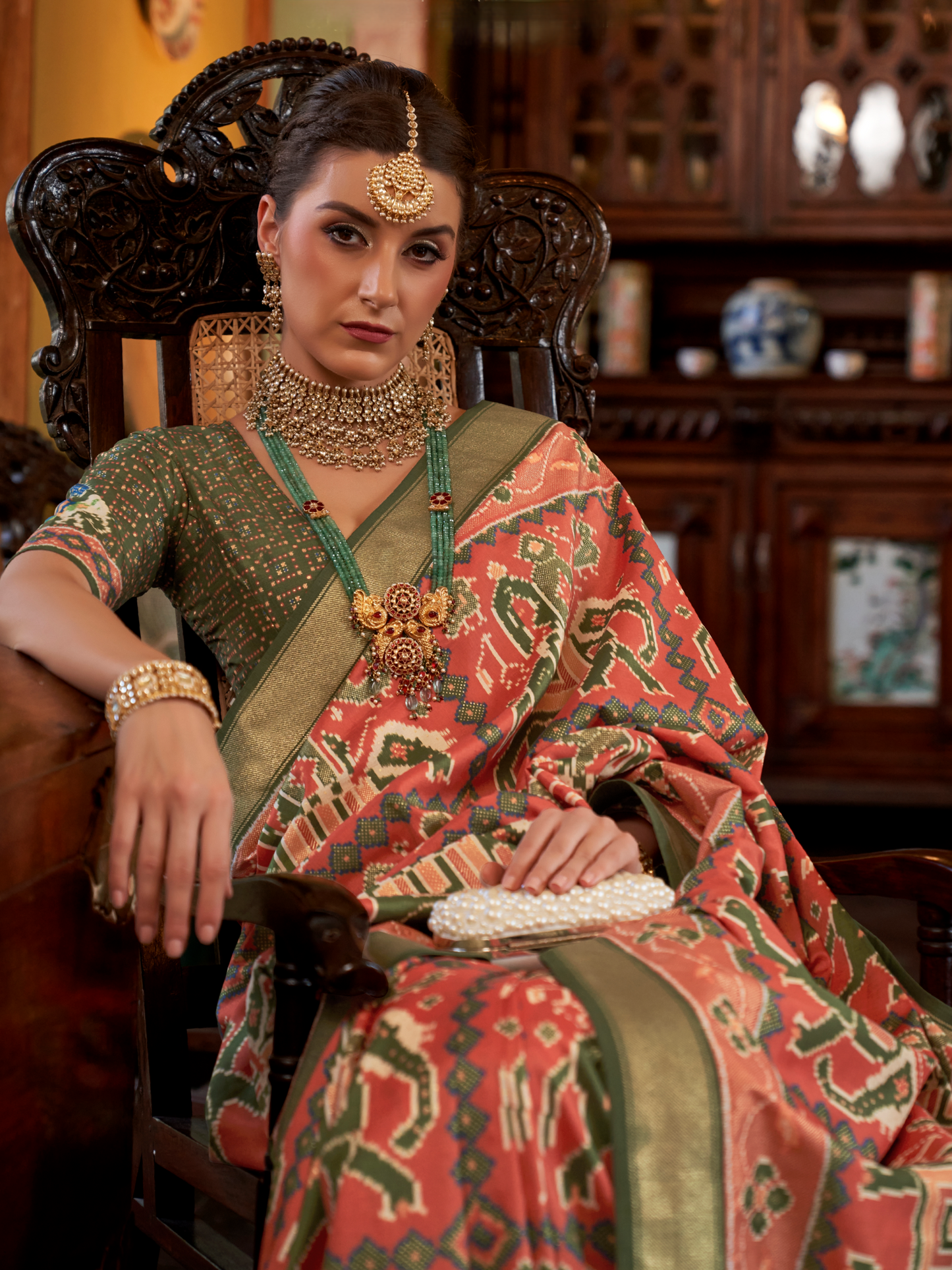 Portland Orange Woven Patola Tussar Silk Saree