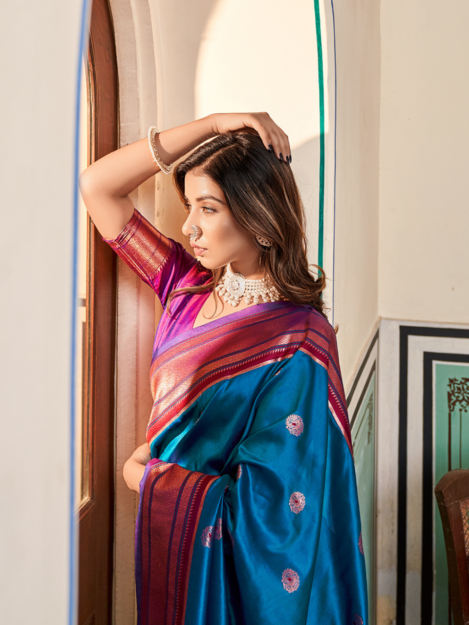 Azure Blue Woven Soft Silk Paithani Saree