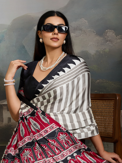 Black & White Printed Satin Silk Saree
