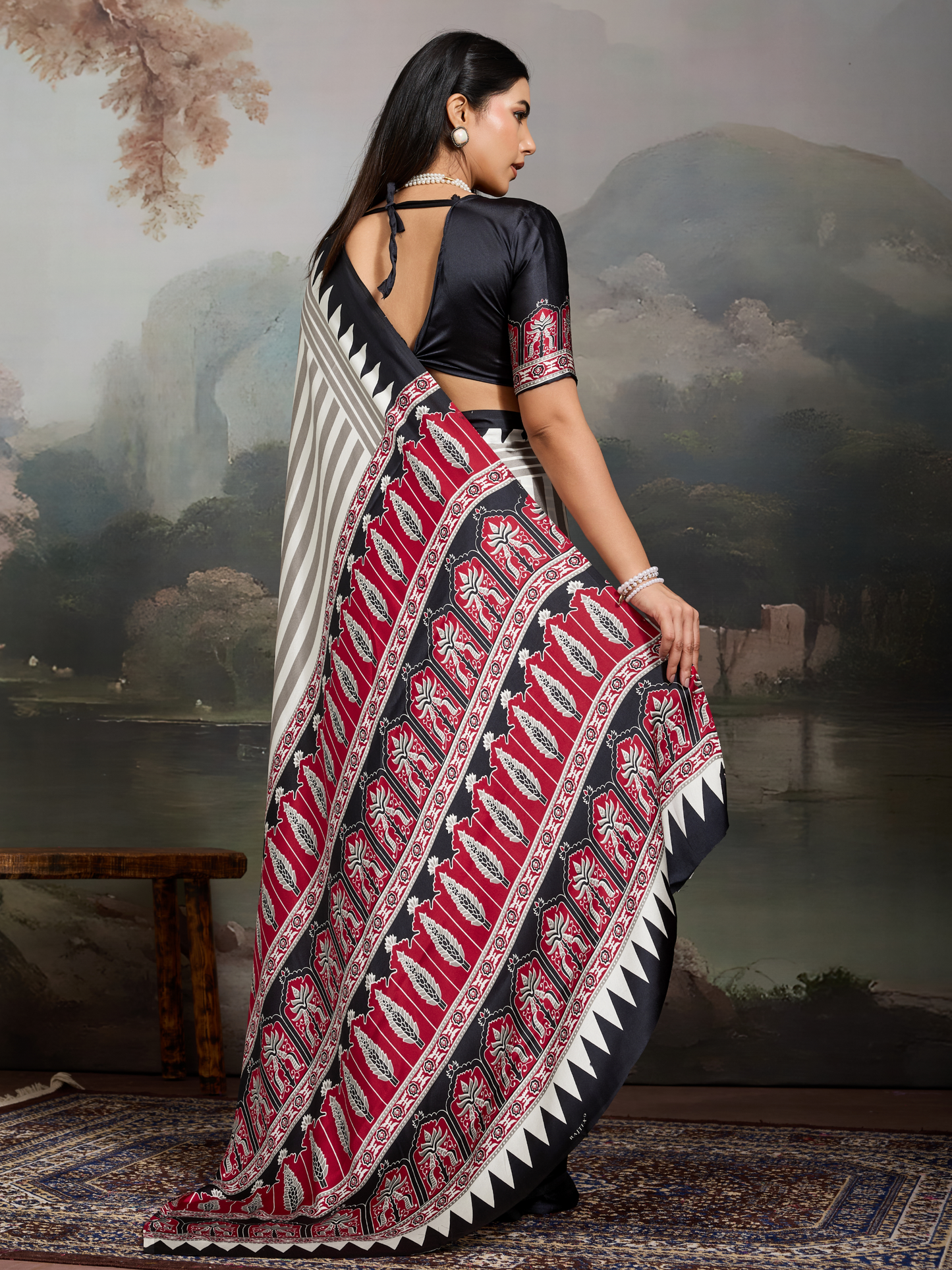 Black & White Printed Satin Silk Saree