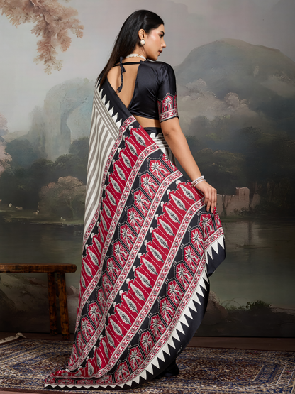 Black & White Printed Satin Silk Saree