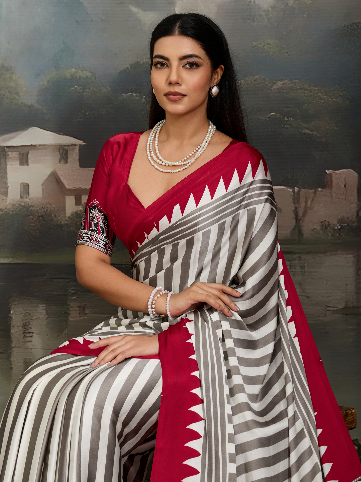 Maroon & White Printed Satin Silk Saree