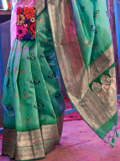 Turquoise Blue Woven Banarasi Soft Silk Saree