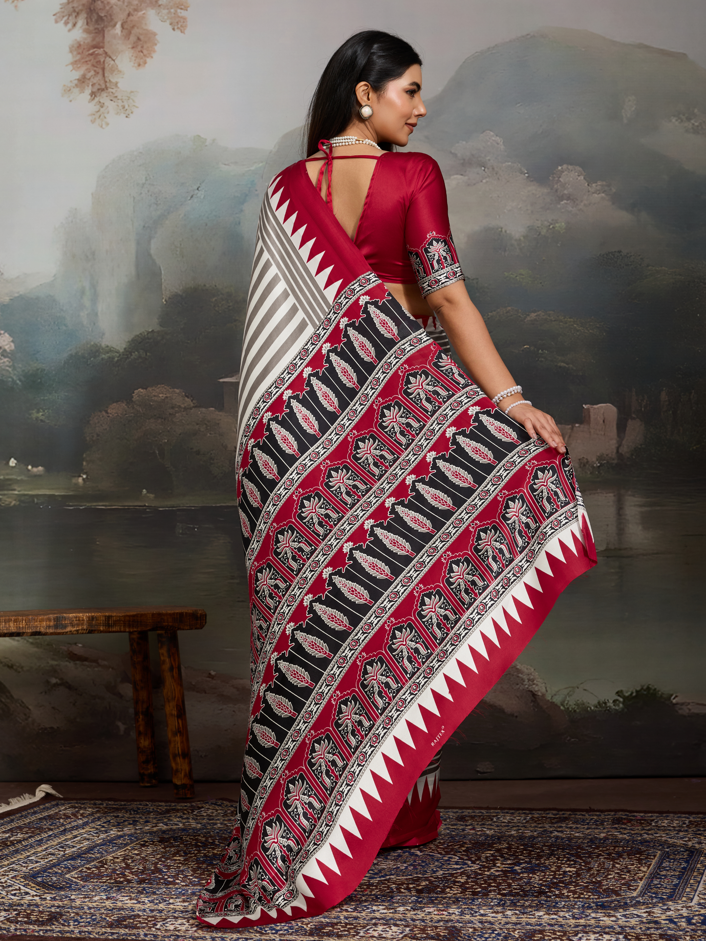 Maroon & White Printed Satin Silk Saree