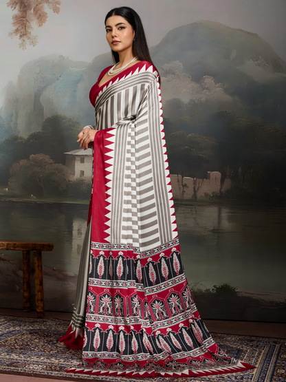 Maroon & White Printed Satin Silk Saree