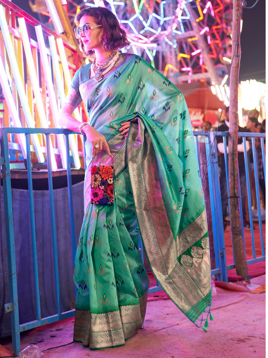 Turquoise Blue Woven Banarasi Soft Silk Saree