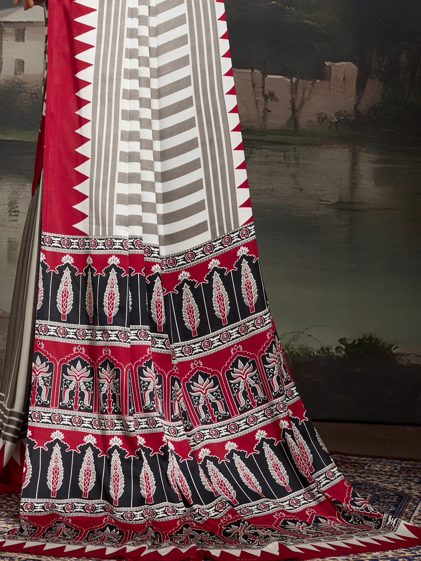 Maroon & White Printed Satin Silk Saree