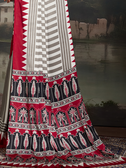 Maroon & White Printed Satin Silk Saree