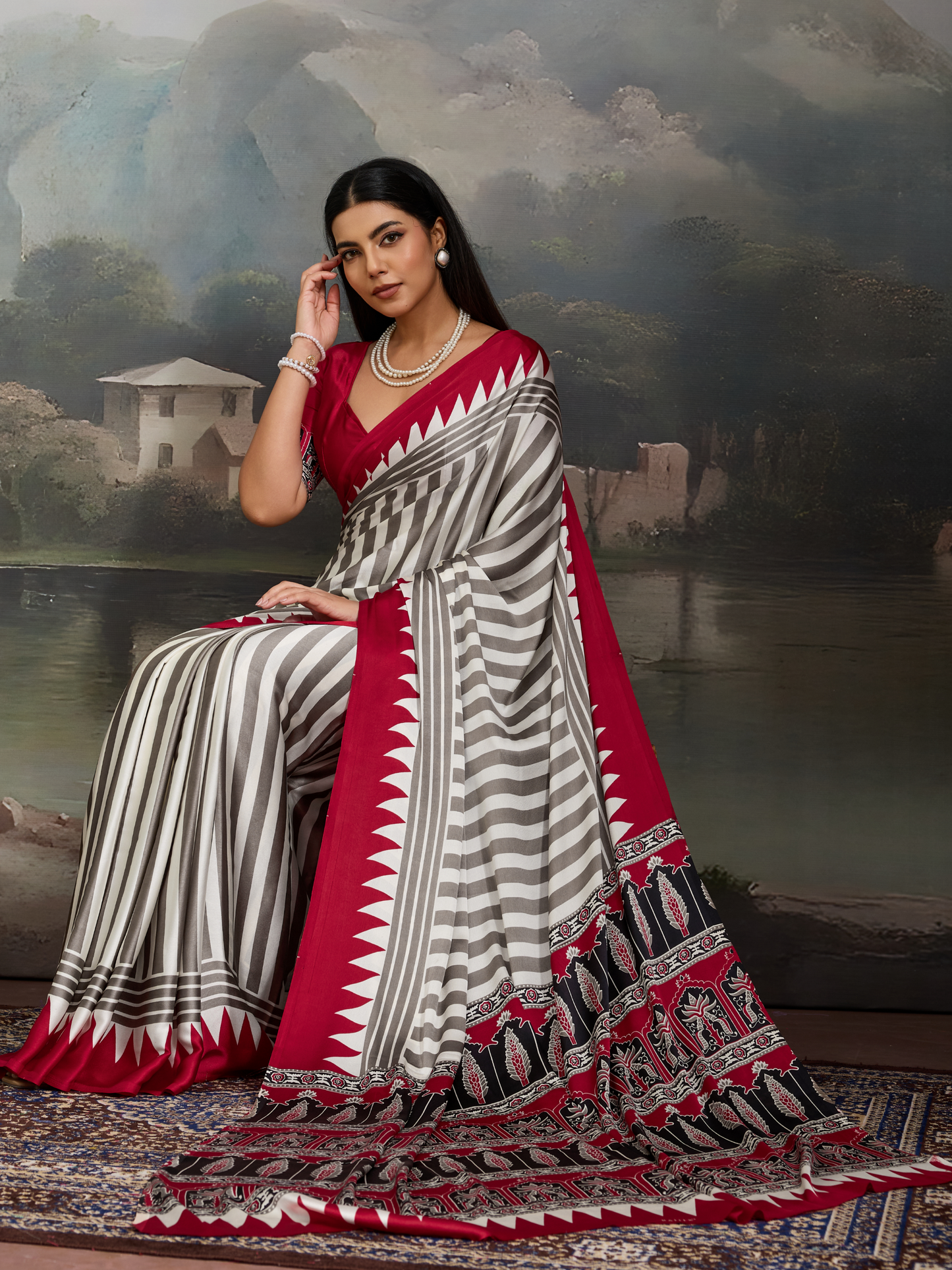 Maroon & White Printed Satin Silk Saree