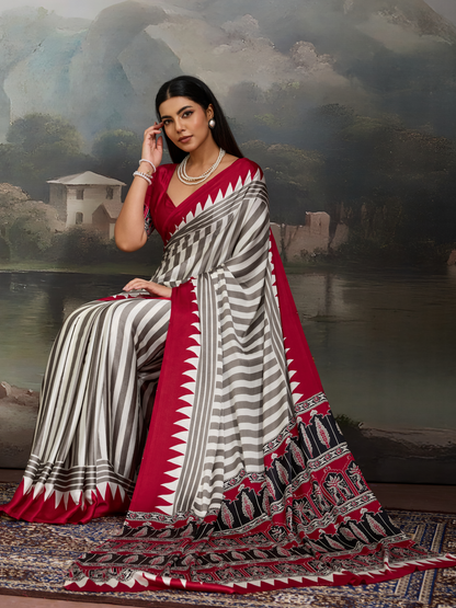 Maroon & White Printed Satin Silk Saree