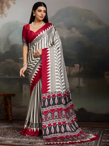 Maroon & White Printed Satin Silk Saree
