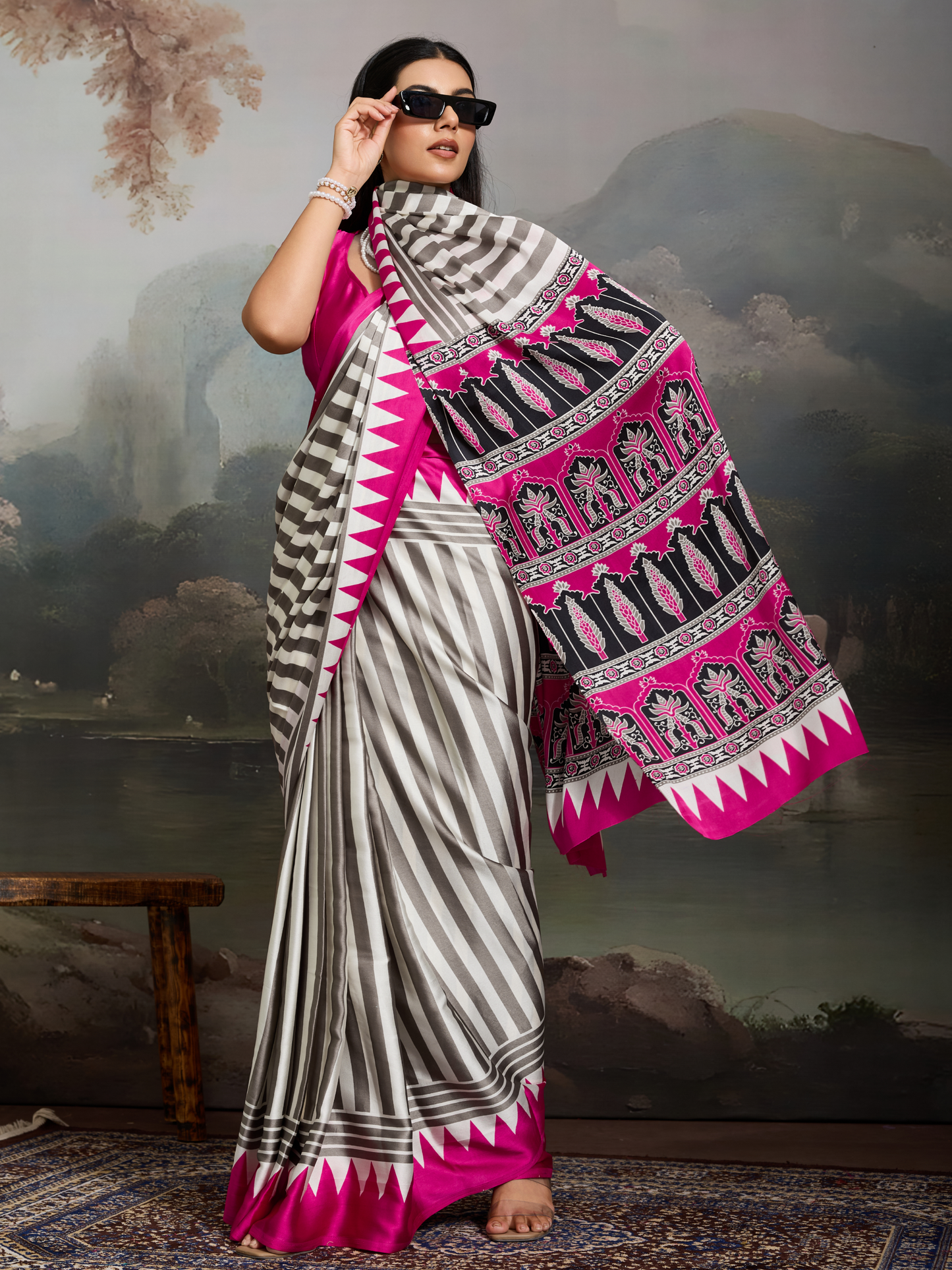Pink & White Printed Satin Silk Saree