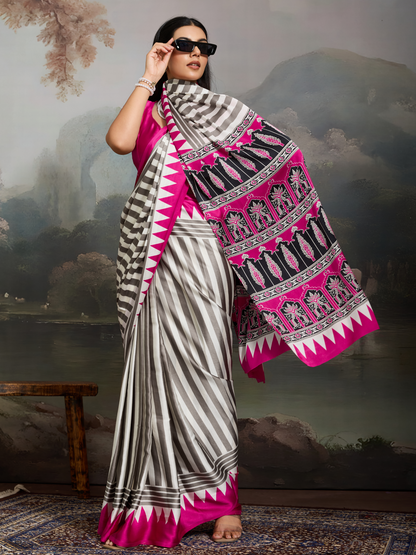 Pink & White Printed Satin Silk Saree
