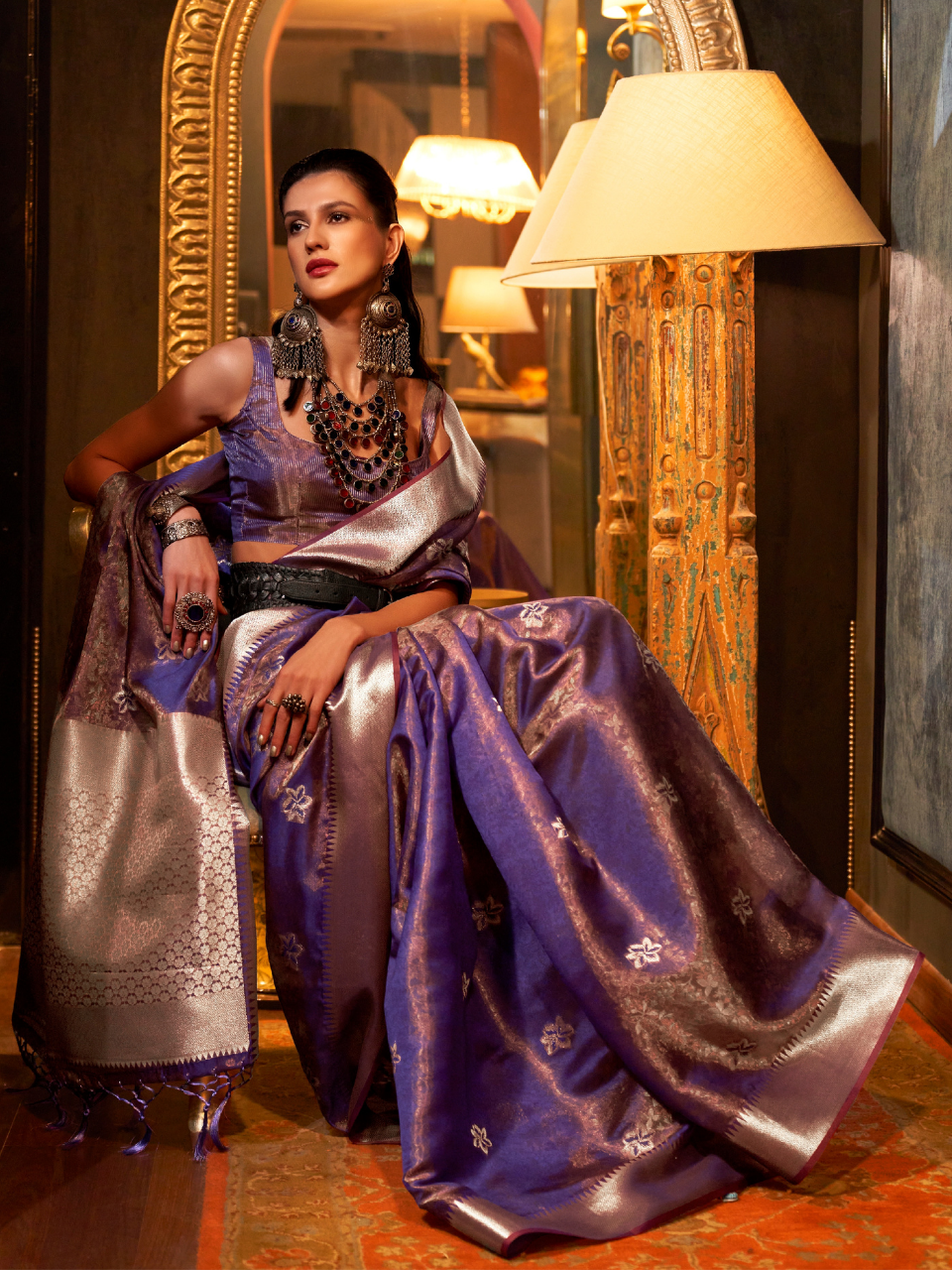 purple organza saree look