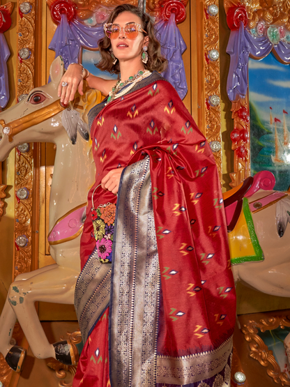 Chili Red Woven Banarasi Soft Silk Saree