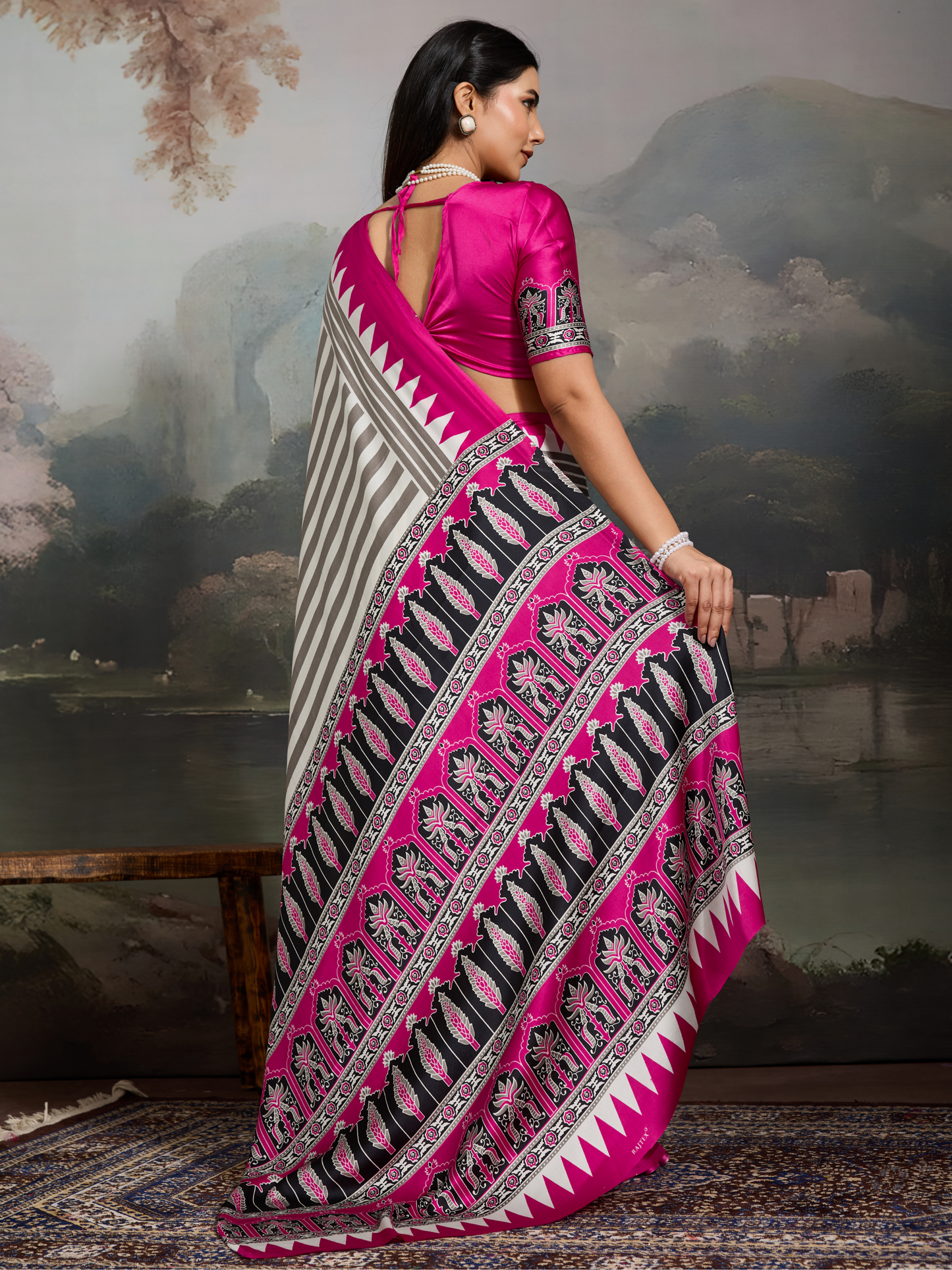 Pink & White Printed Satin Silk Saree