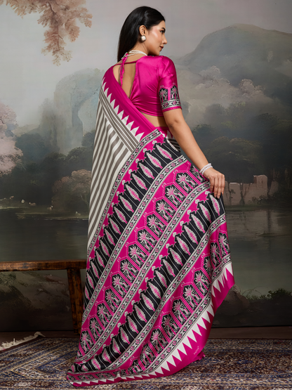Pink & White Printed Satin Silk Saree