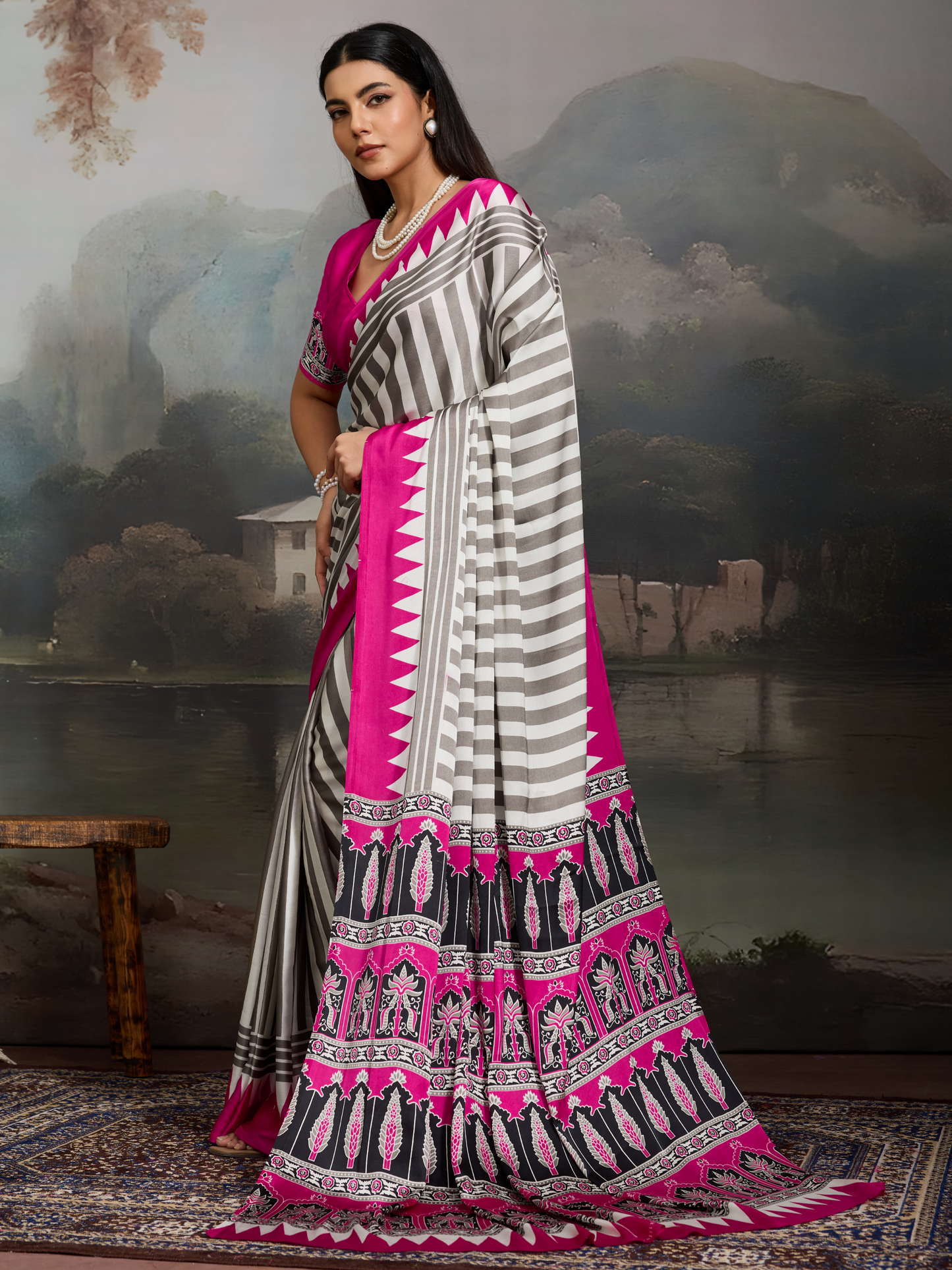 Pink & White Printed Satin Silk Saree