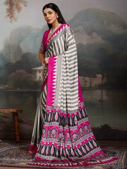 Pink & White Printed Satin Silk Saree