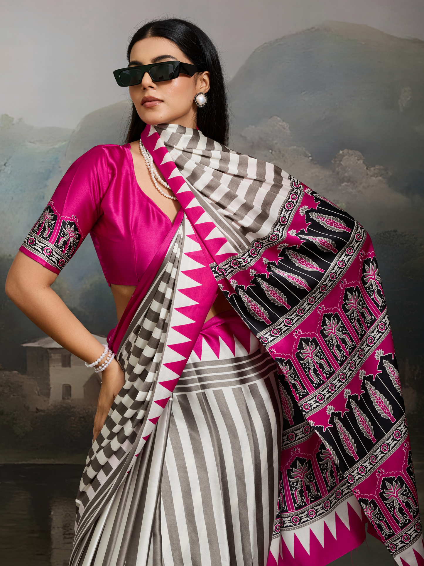 Pink & White Printed Satin Silk Saree