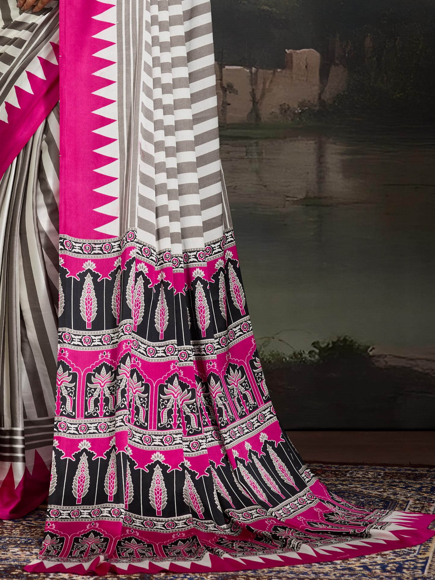 Pink & White Printed Satin Silk Saree