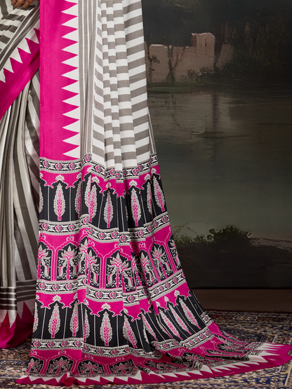 Pink & White Printed Satin Silk Saree