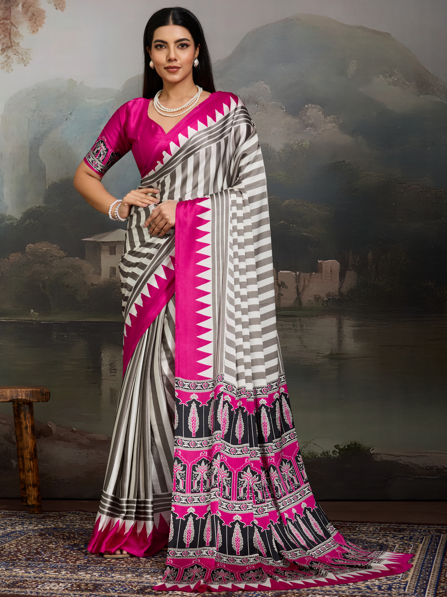 Pink & White Printed Satin Silk Saree