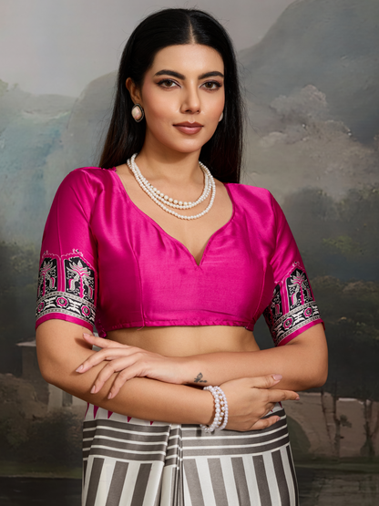 Pink & White Printed Satin Silk Saree