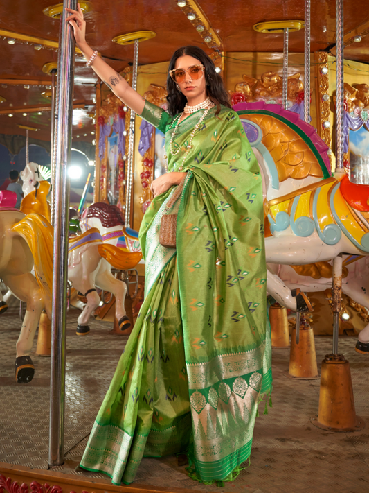 Lemon Green Woven Banarasi Soft Silk Saree