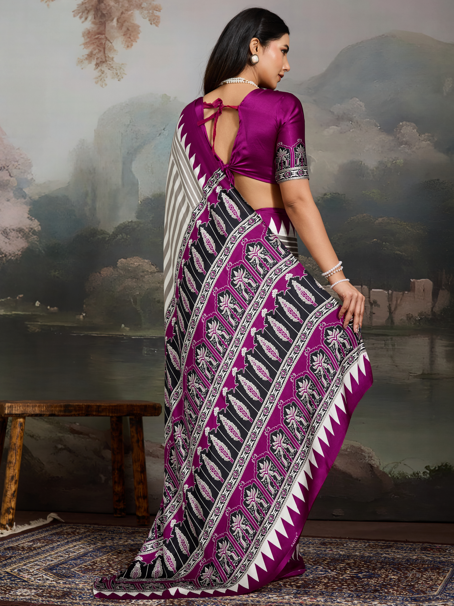Purple & White Printed Satin Silk Saree