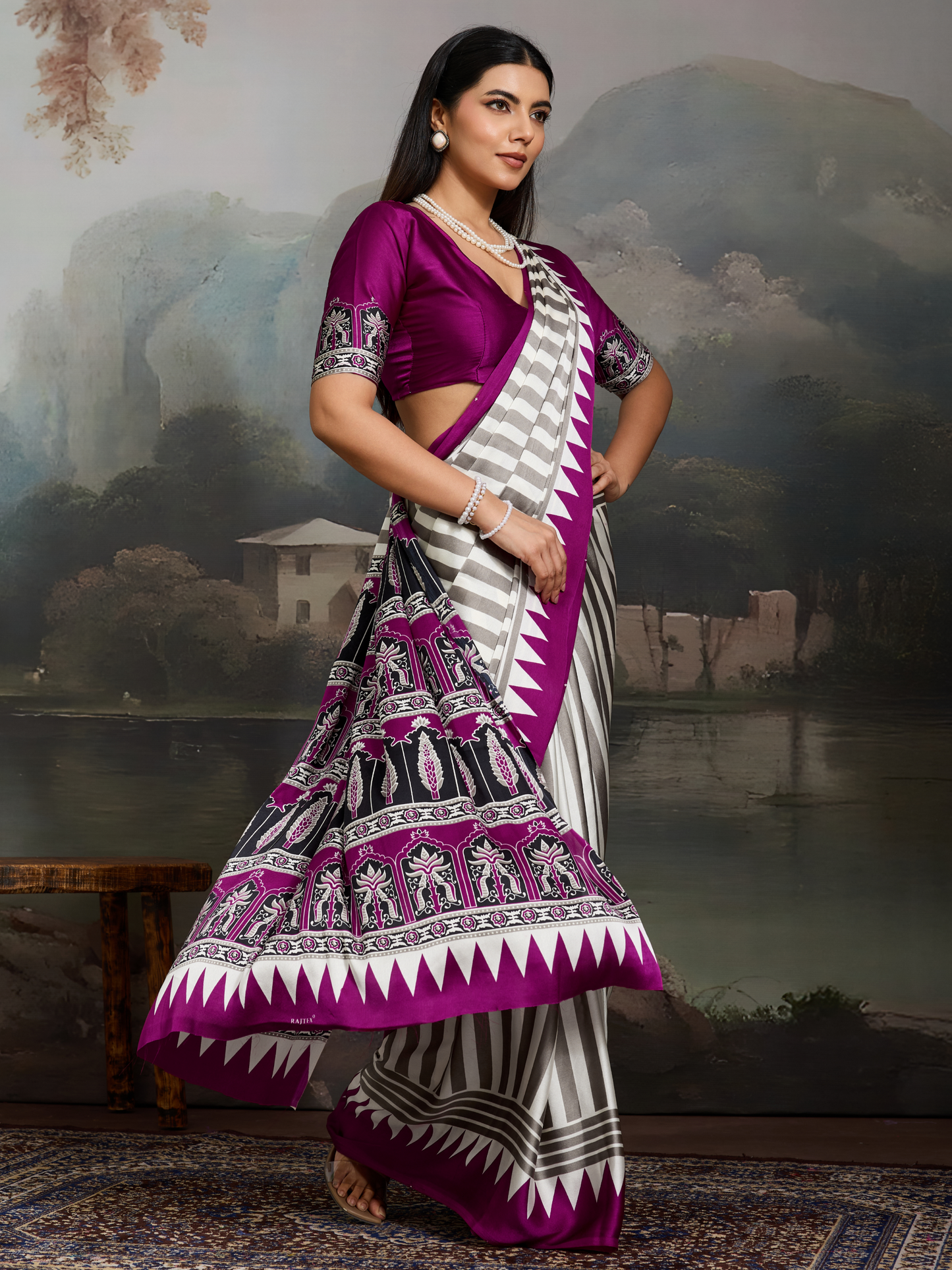 Purple & White Printed Satin Silk Saree