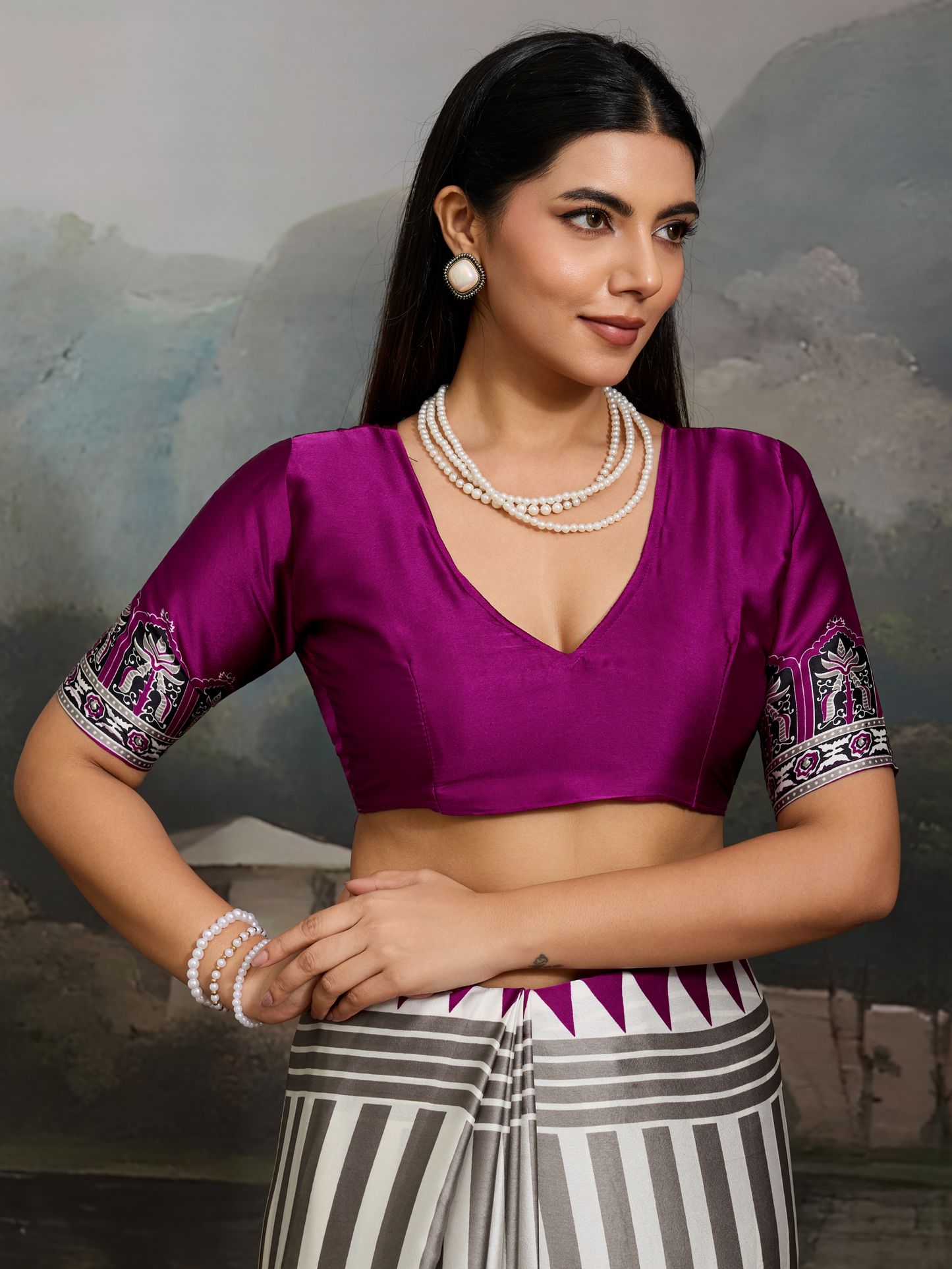 Purple & White Printed Satin Silk Saree