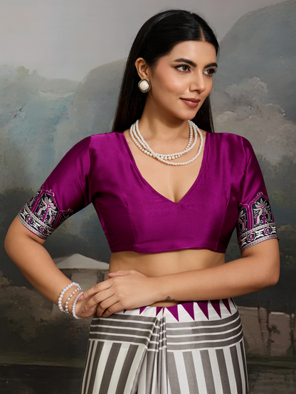 Purple & White Printed Satin Silk Saree