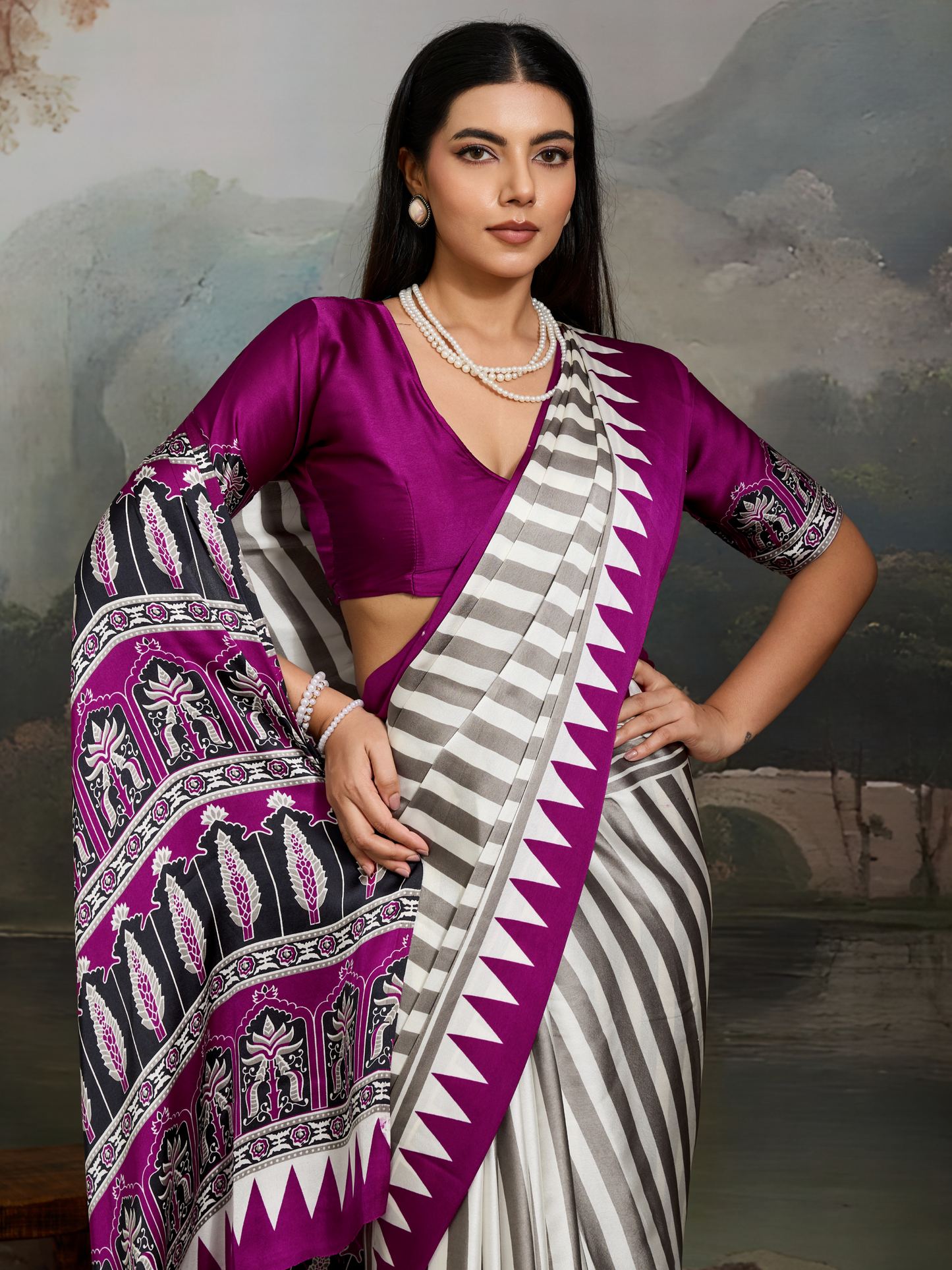 Purple & White Printed Satin Silk Saree