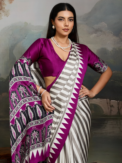Purple & White Printed Satin Silk Saree