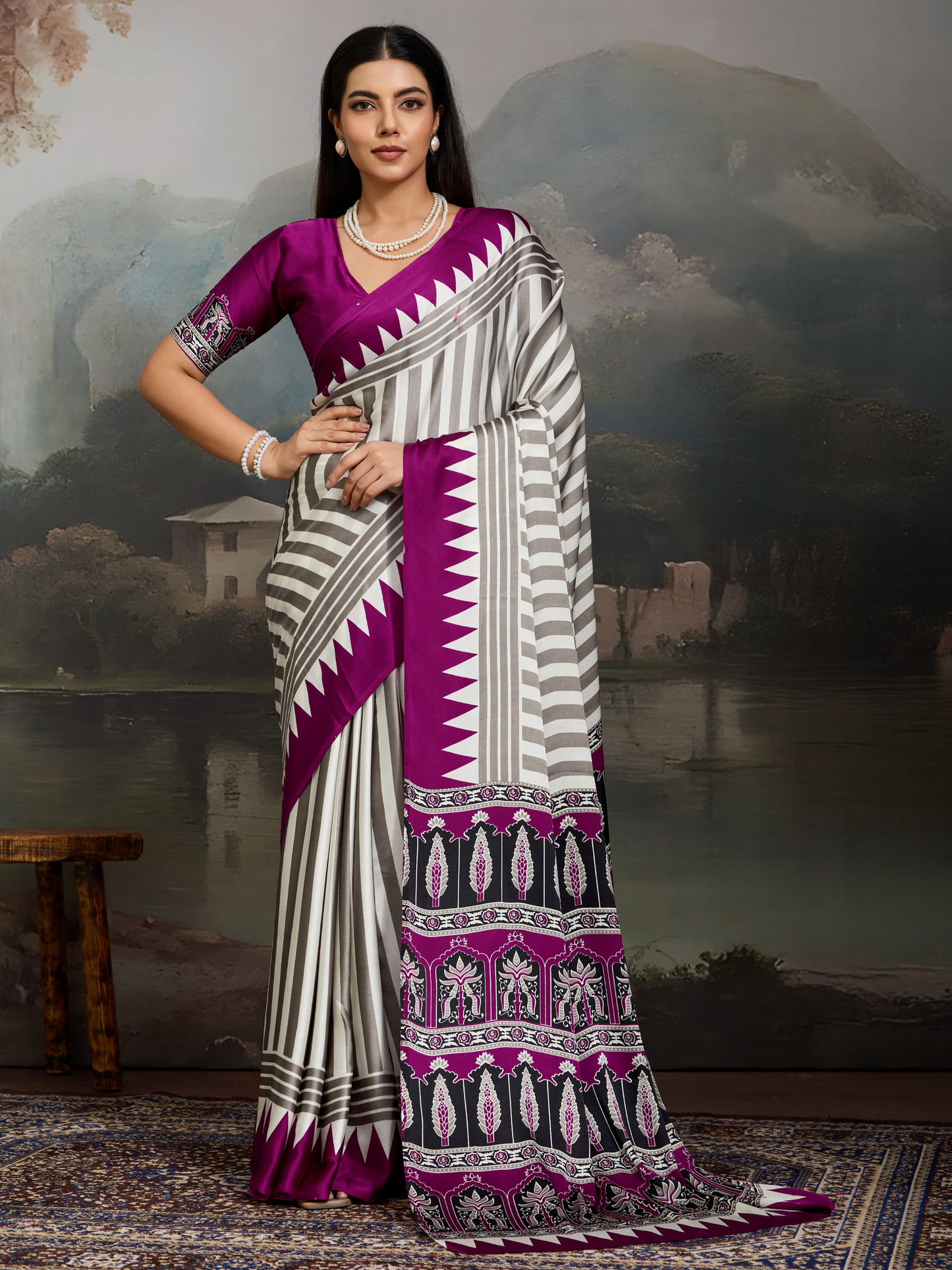 Purple & White Printed Satin Silk Saree