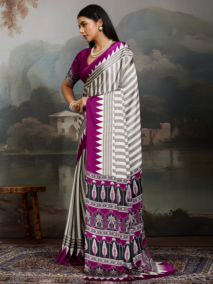 Purple & White Printed Satin Silk Saree