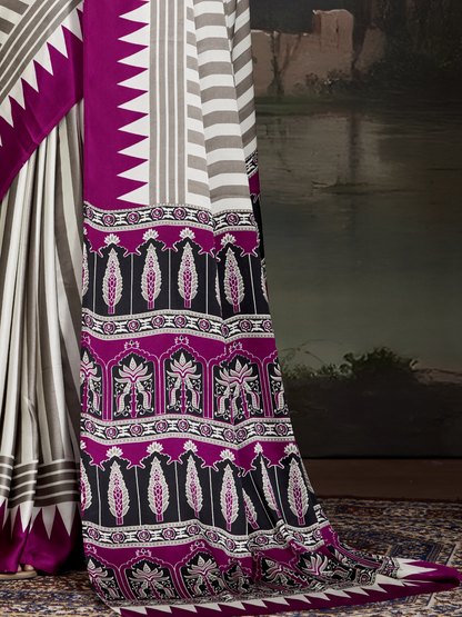 Purple & White Printed Satin Silk Saree