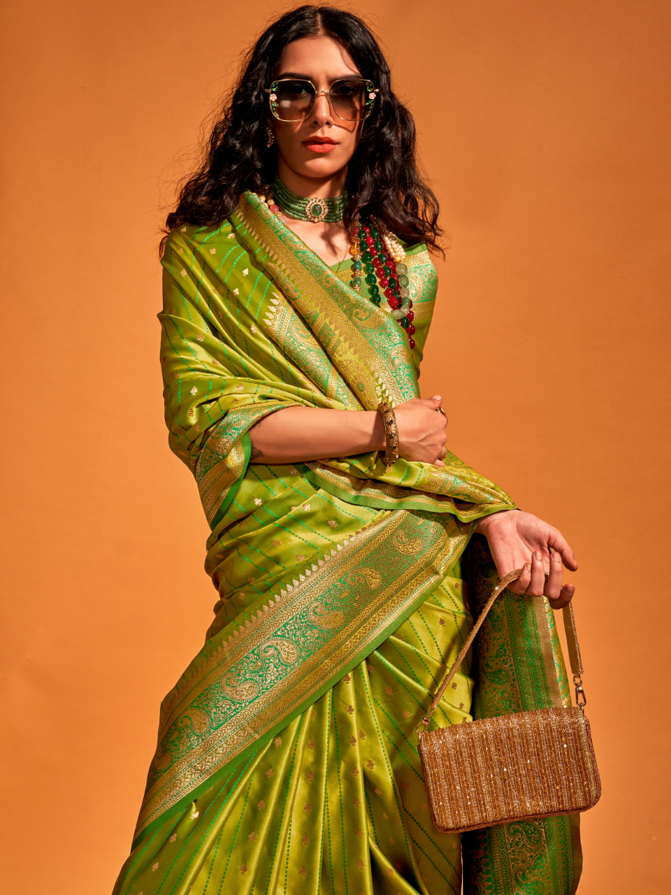 Pear Green Woven Banarasi Satin Silk Saree
