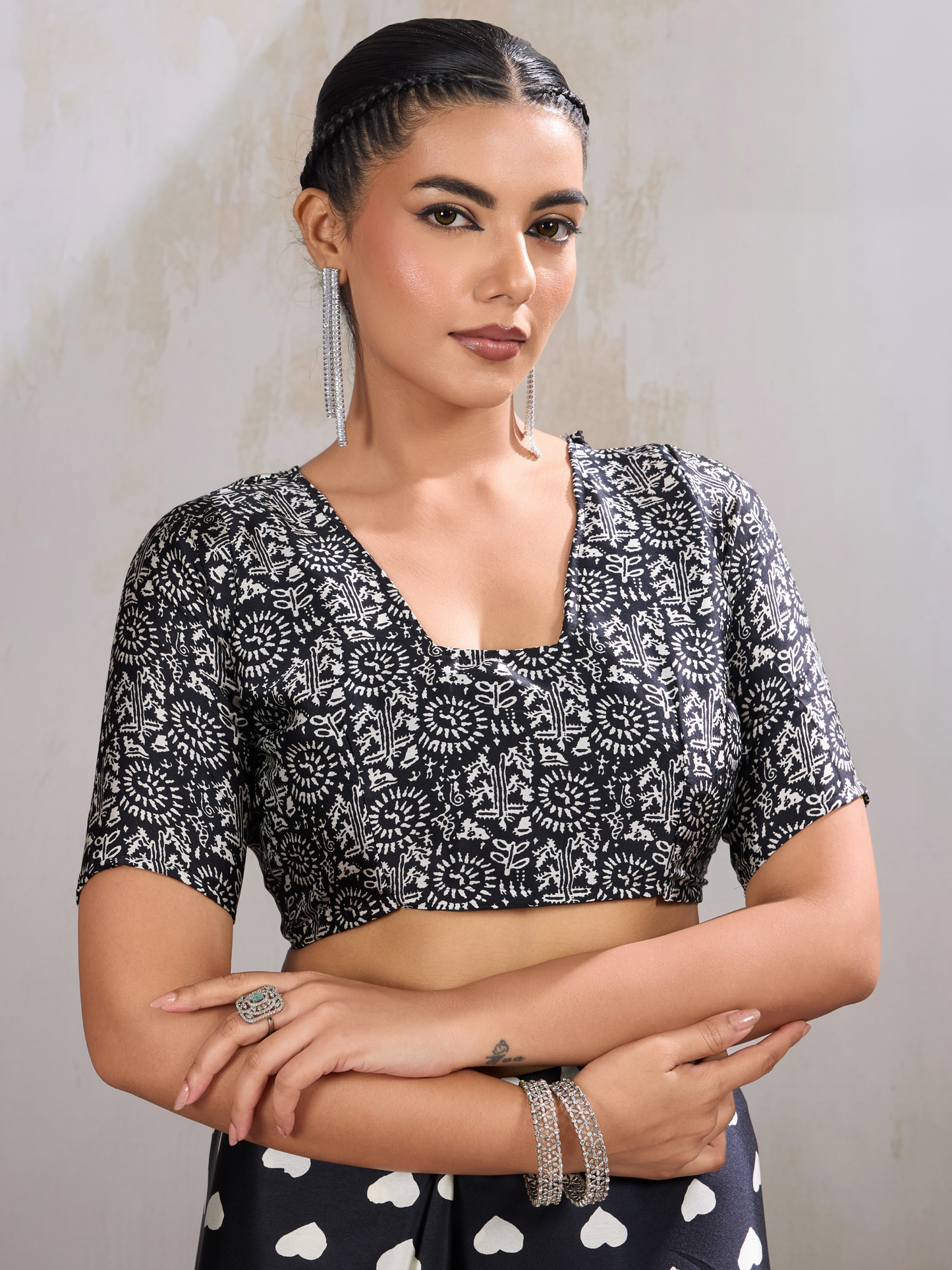 Ink Black Printed Satin Silk Saree