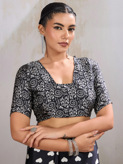 Ink Black Printed Satin Silk Saree