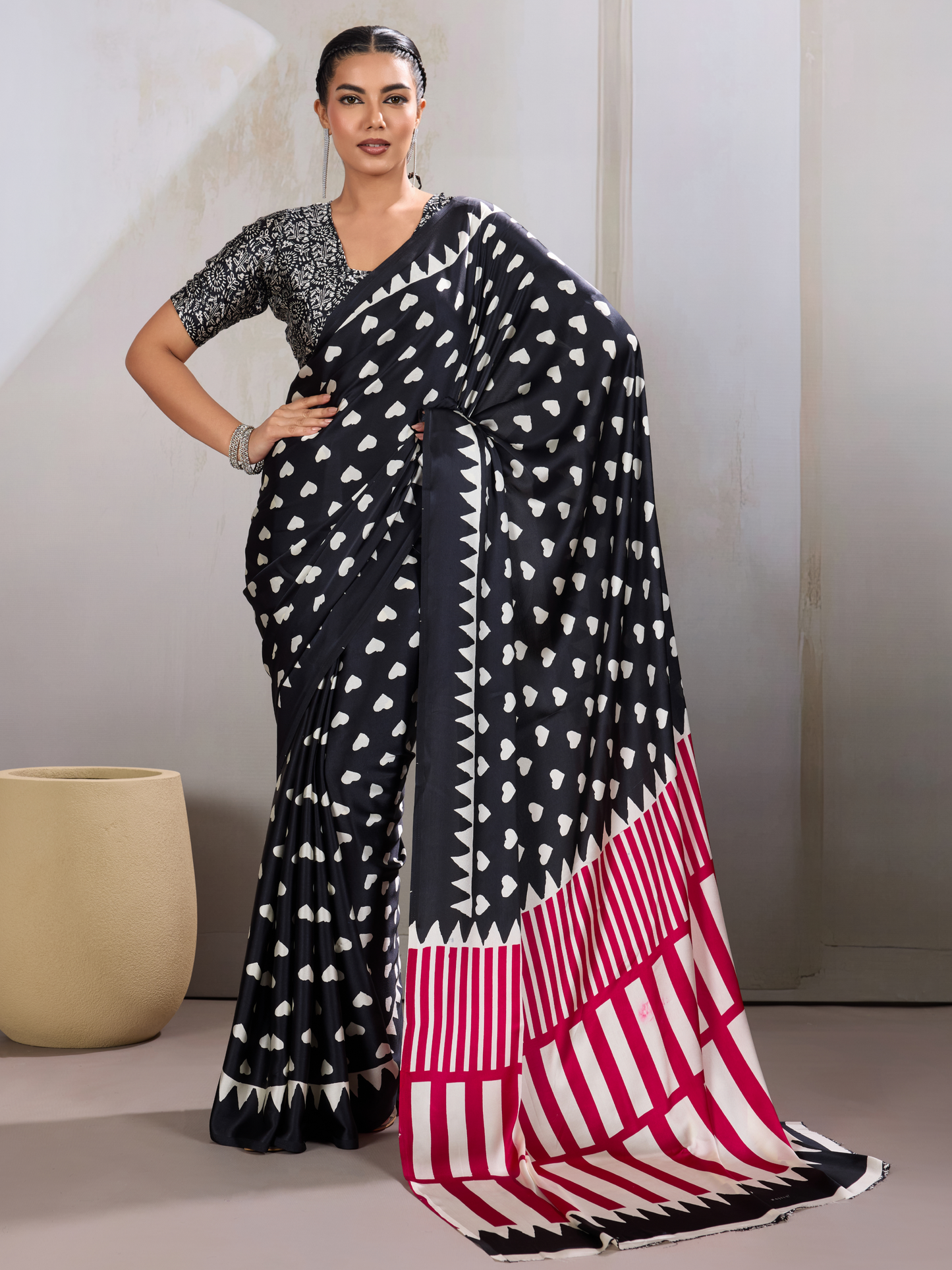 Ink Black Printed Satin Silk Saree