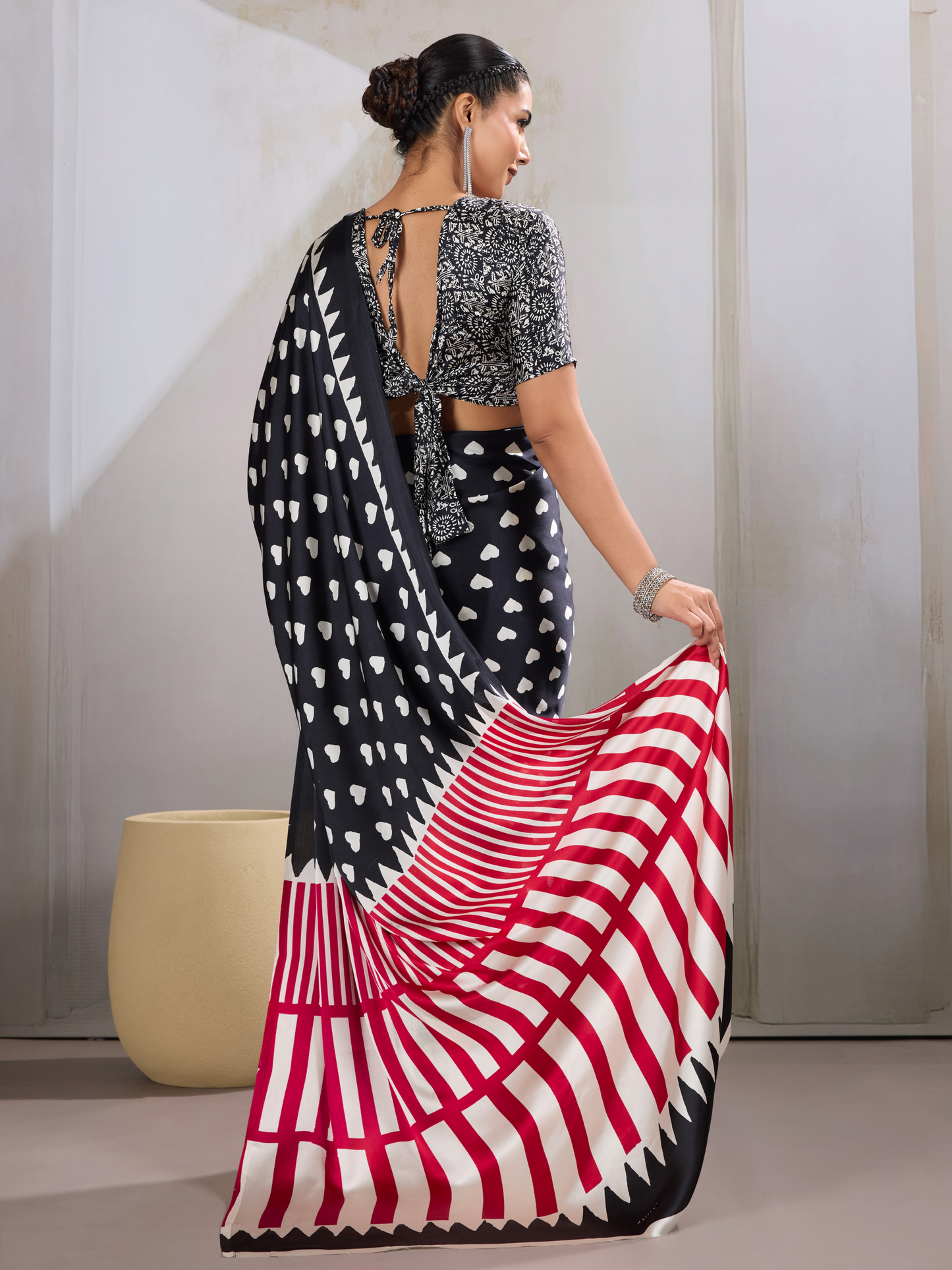 Ink Black Printed Satin Silk Saree